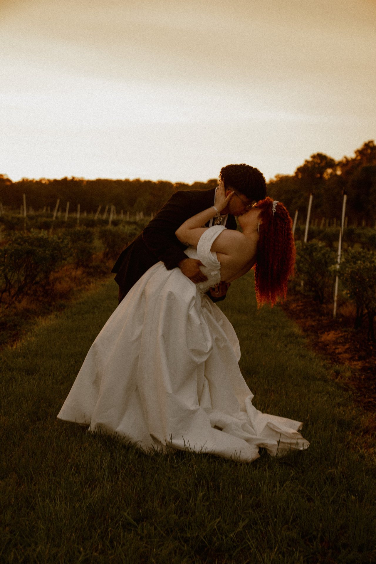A couple embracing at sunset in a vineyard